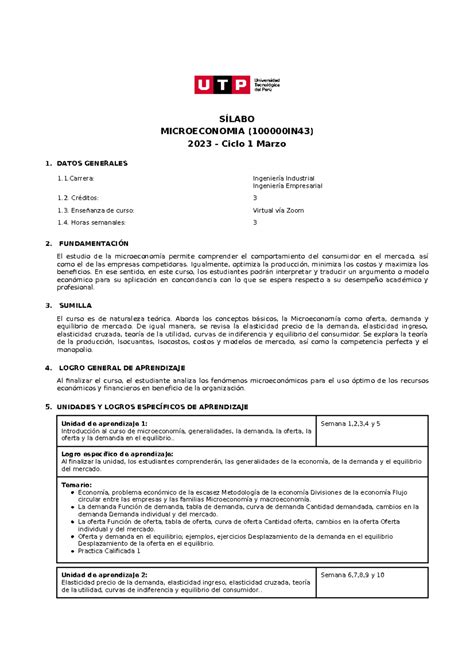 100000 IN43 Microeconomia - SÍLABO MICROECONOMIA (100000IN43) 2023 - Ciclo 1 Marzo 1. DATOS ...