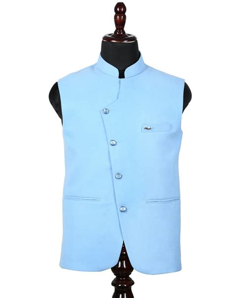 Designer Sky Blue Solid Nehru Jacket | Amogue