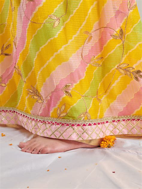 Buy Yellow and Green Printed Lehenga Blouse With Dupatta