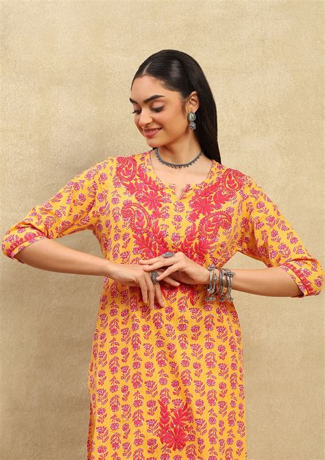 Cotton Chikankari Printed Women's Long Kurta - Mustard Yellow – House ...