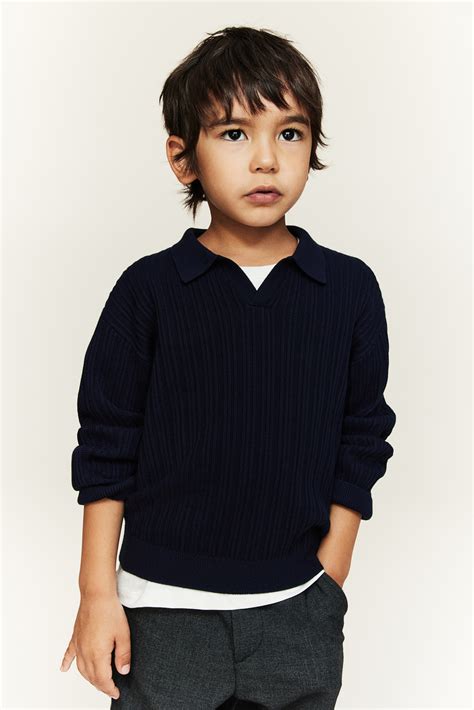 Rib-Knit Cotton Polo Sweater - Navy blue - Kids | H&M US