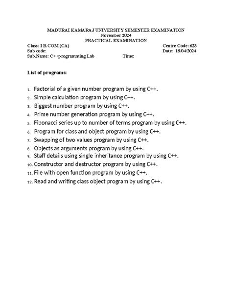 C++ Lab Practical Programs List - I B.COM (CA) Exam Nov 2024 - Studocu