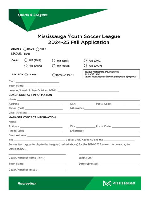 Fillable Online Mississauga Youth Soccer League Fall Application 2024 ...
