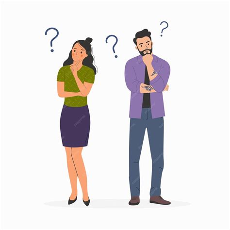 Young woman and man surrounded by a question mark flat style cartoon vector illustration ...