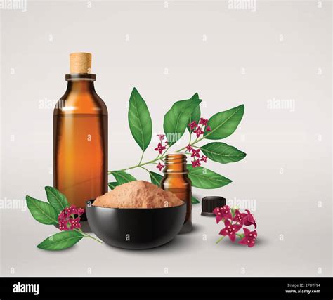 Sandalwood realistic colored composition consisting of bottle with oil ...