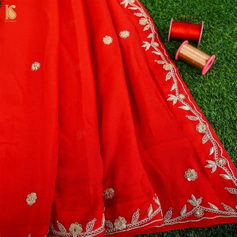 Red Handwoven Pure Georgette Embroidery Saree – Khinkhwab