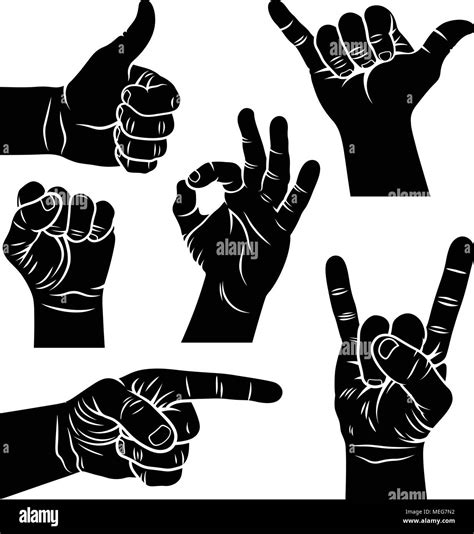 Hand gestures and signs. Shaka sign, male fist, a hand showing symbol ...
