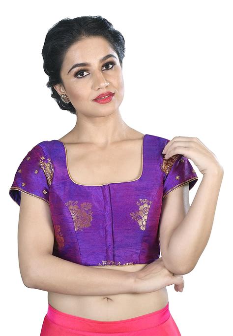 Buy Salwar Studio Women's Brinjal color Brocade Readymade Saree Blouse ...
