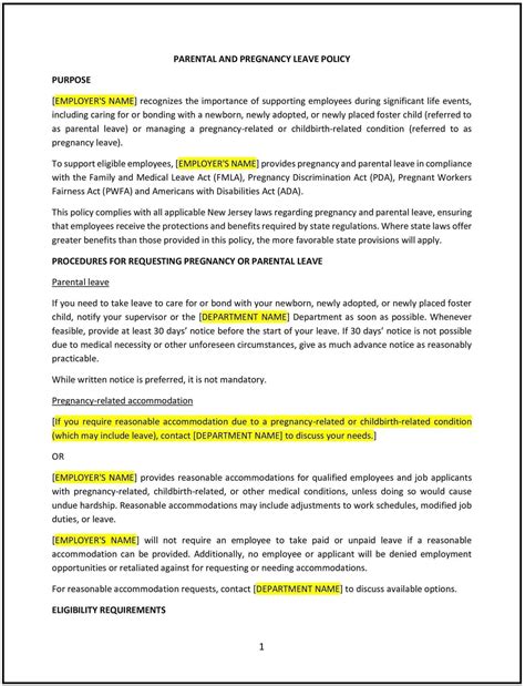 Parental and pregnancy leave policy (New Jersey): Free template