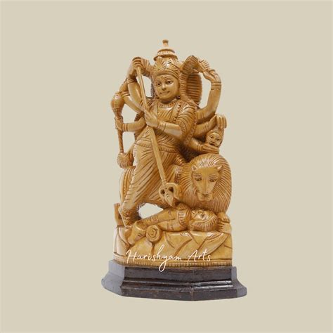 9" Goddess Durga Mahishasuramardini Traditional Wooden Durga Murti wit