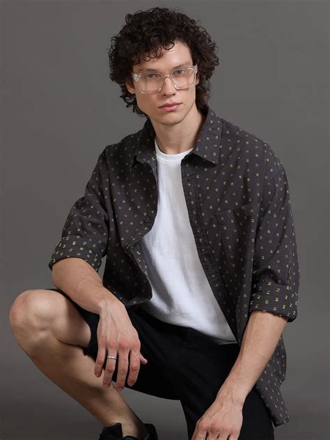 Premium Men Shirt, Relaxed Fit, Pure Cotton, Full Sleeve, Dobby, Grey ...