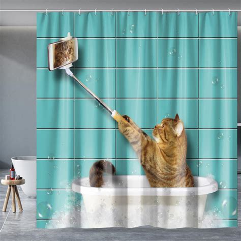 Amazon.com: kksme Funny Cat Shower Curtain Cat Takes Selfie in Bathtub ...