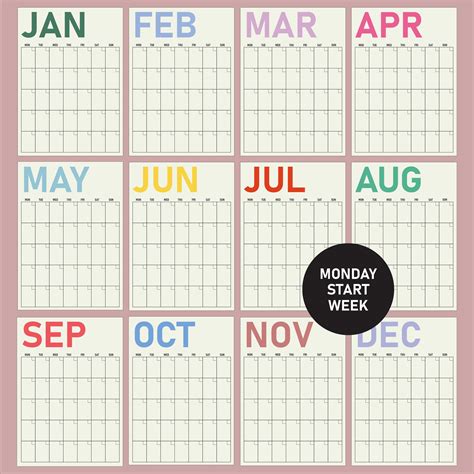 Large Monthly Wall Calendar Printable Bright, Pastel Wall Planner 2025, Undated Wall Calendar ...