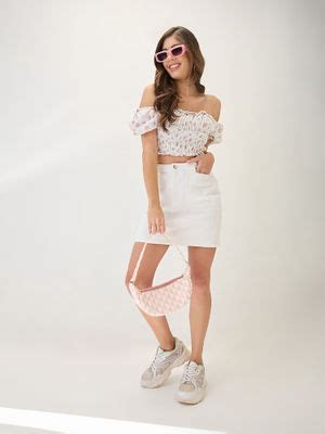 Buy Globus Women White Cotton Mid Rise Pocket Detail Mini Denim Skirt ...