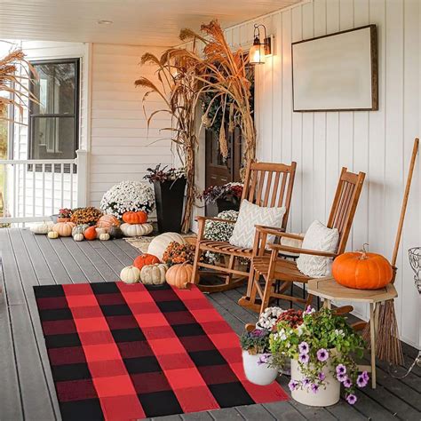 Clearance! Fall Outdoor Rug Orange Plaid Outdoor Rug Cotton Hand-Woven ...