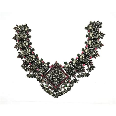 Oxidized Traditional Flower Choker Necklace For Girls - Silver Palace
