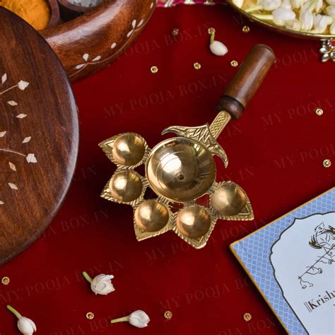 Buy Brass Panch Jyoti Wooden Handle Arti Diya Online in India ...
