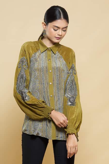 Buy Yellow Silk Crepe Shirt For Women by Kartikeya India Online at Aza ...