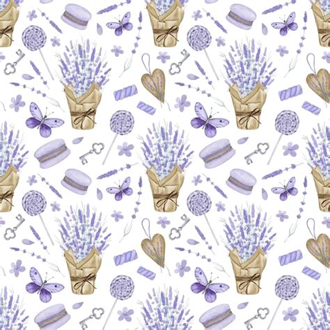 Labender Blumenstrauß und Süßigkeiten Aquarell Musterdesign Violett ...