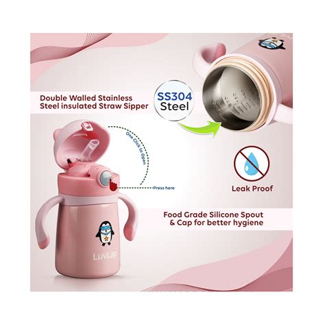 LuvLap Double Walled Steel Body Sipper Penguin 300ml (Pink)