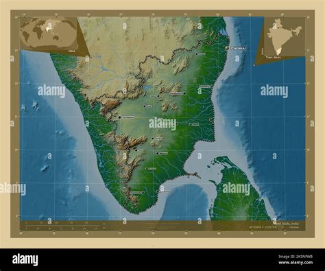 Tamil Nadu, state of India. Colored elevation map with lakes and rivers. Locations and names of ... - dutch map of tamil nadu