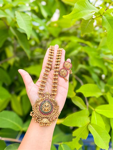 Kerala style stone worked jhumka haram with earring set – Poli's Kart