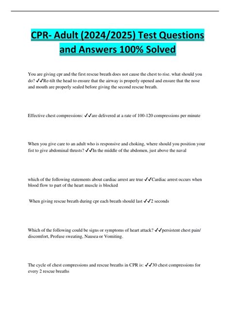 CPR- Adult (2024/2025) Test Questions and Answers 100% Solved - Cpr ...