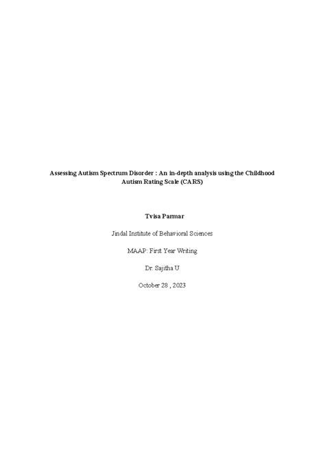CARS 2 (ST) - Detailed Practical Report on Autism Assessment - Studocu