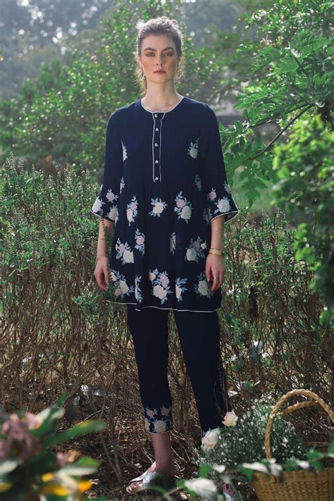 Buy Navy Harvest Pleated Designer Georgette Co-ord Set | Summer by ...