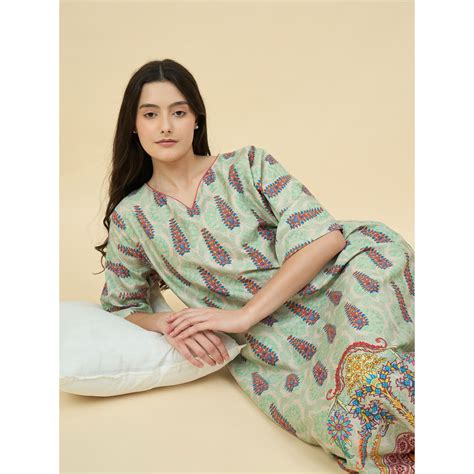 Buy The Kaftan Company Mint Green Printed Cotton Viscose Nightdress Online