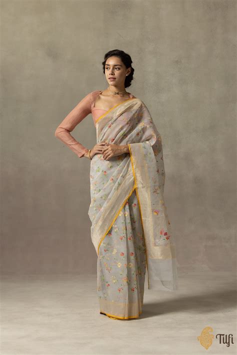 Pre-Order: 'Jayati' Light Grey Pure Cotton Jamdani Real Zari Banarasi ...
