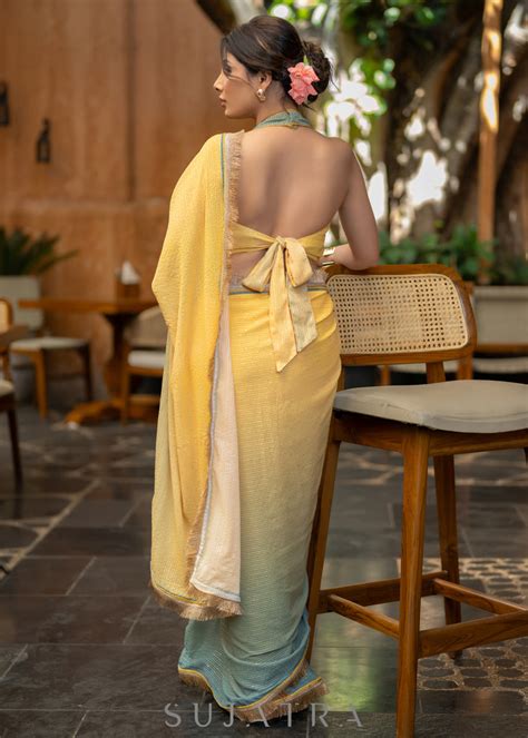 Graceful Yellowish Green Ombre Georgette Saree With Overall Sequenced ...