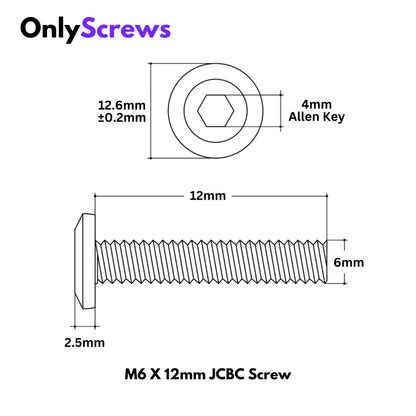 M6 X 12mm Hex (Allen) JCBC High Tensile 12.9 Black Oxide Screw (Dia: 6 ...