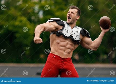 American Football Sportsman Player, Muscular Man. Strong Naked Male Abs ...