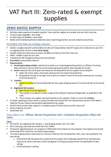 VAT Part iii - Summaries for VAT part 3: zero-rated and exempt supplies. - VAT Part III: Zero ...
