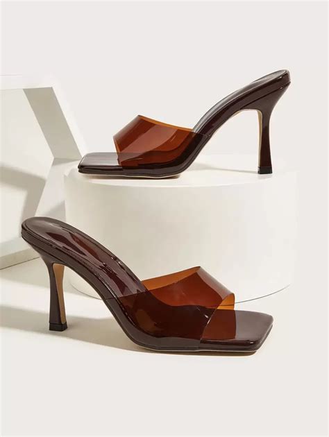 Fashion Brown Mule Sandals For Women, Single Band PVC Stiletto Heeled ...