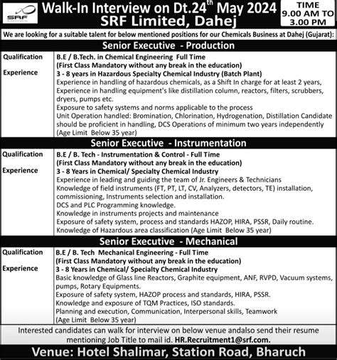 SRF Ltd Dahej Walk in interview for Production Maintenance Mechanical ...