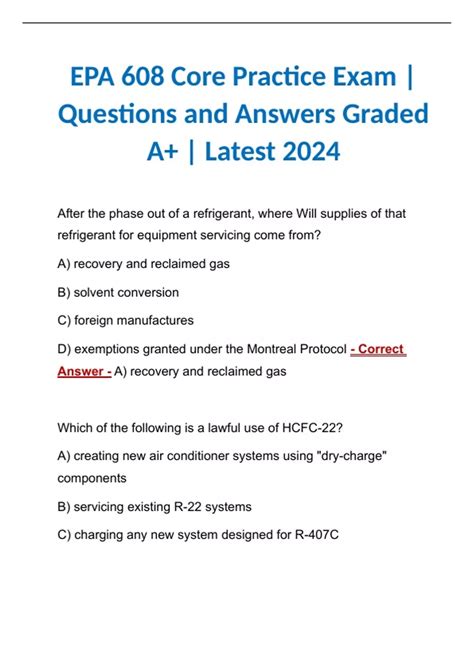 EPA 608 Core Practice Exam | Questions and Answers Graded A+ | Latest ...