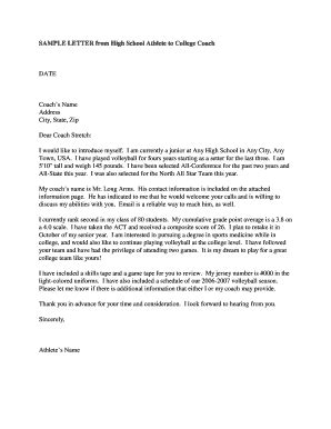 Letter To College Coach - Fill and Sign Printable Template Online