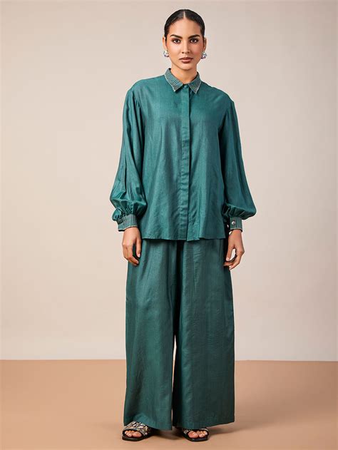 Green Embroidered Silk Blend Dress