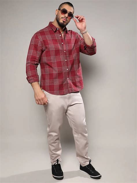 Plus Size Men's Maroon Red Chalk Tartan Plaid Shirt (3XL - 6XL ...