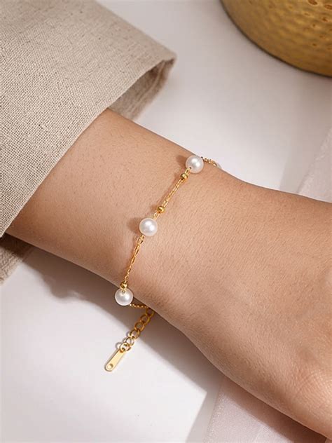 Demifine 18K Gold Plated Stainless steel Pearl Beaded Chain Bracelet ...