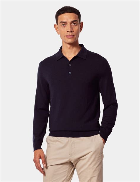 Men's Navy Merino Polo Jumper - Machine Washable | Hawes & Curtis
