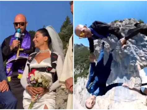 Couple Celebrates Wedding By Skydiving Off High Cliff With Guests