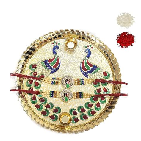 DMS RETAIL Combo of 2 Diamond Studded Peacock Rakhi with Acrylic Big ...