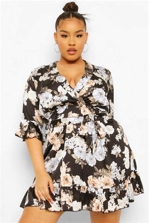 Plus Satin Floral Wrap Belted Dress | boohoo UK
