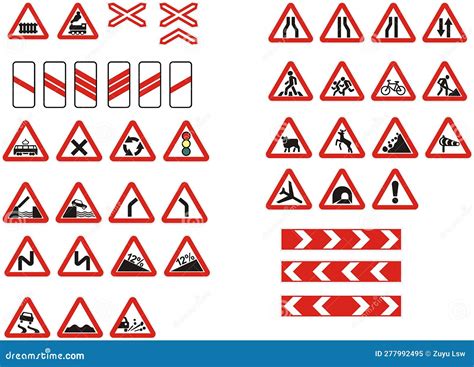 Red Triangle Common Traffic Signs Icon Set Flat Design, Safety ...