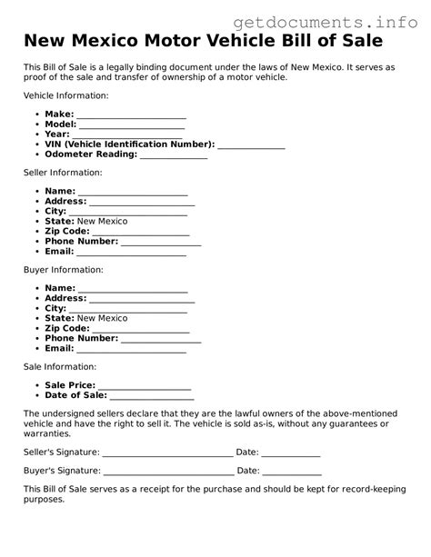 Make a Valid New Mexico Motor Vehicle Bill of Sale With Our Fillable Form