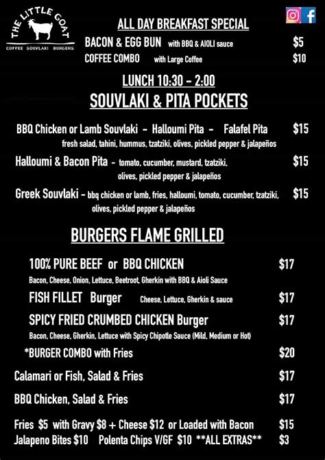 Menu at The Little Goat cafe, Porirua