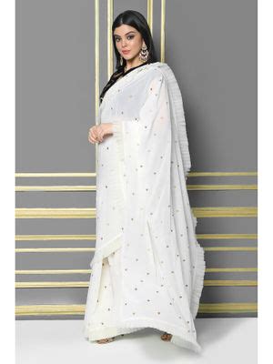 Buy Shaily Women Cream Georgette Embellished Saree With Stitched Blouse ...